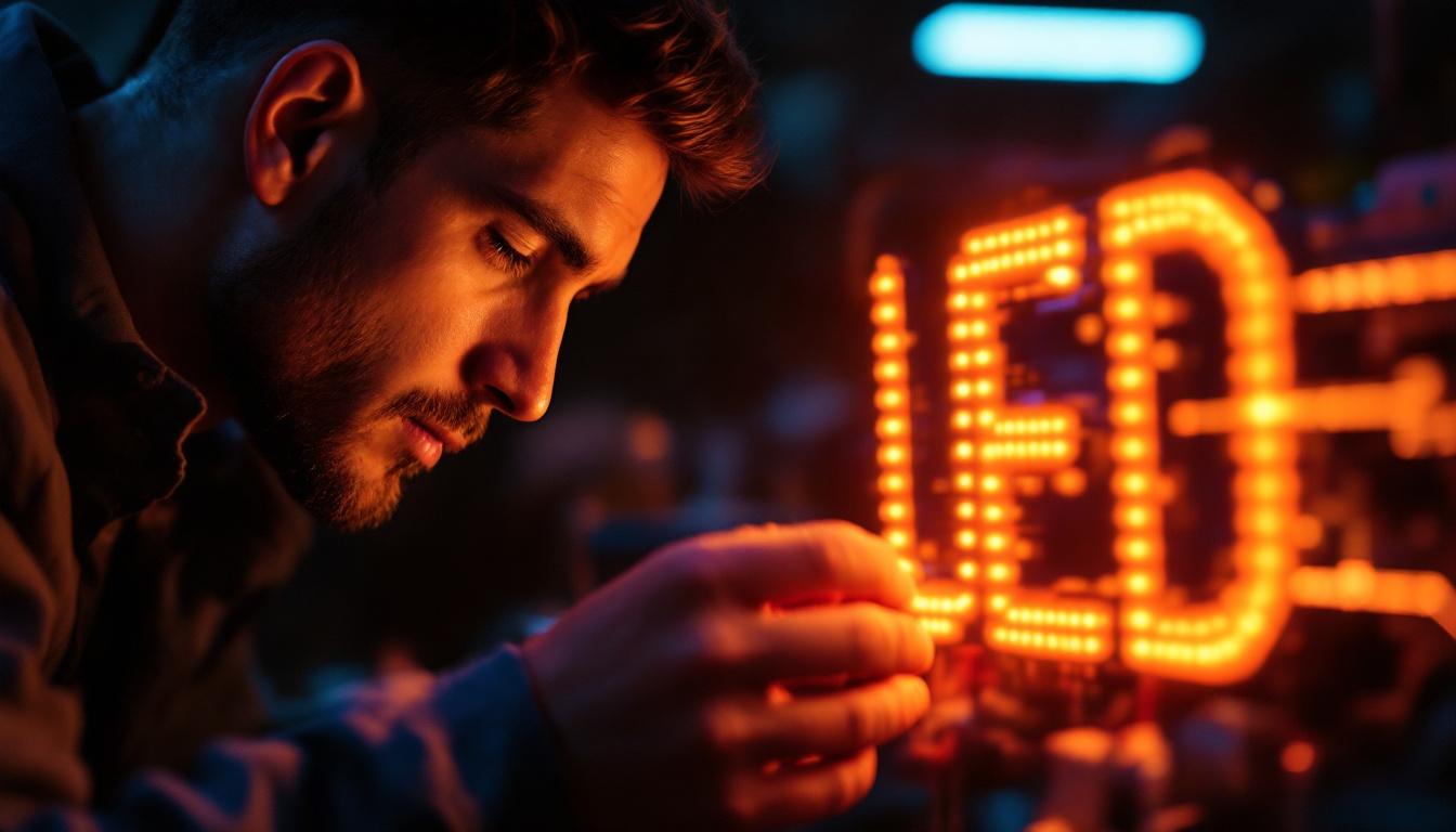 A photograph of a small led sign illuminated in a dimly lit environment
