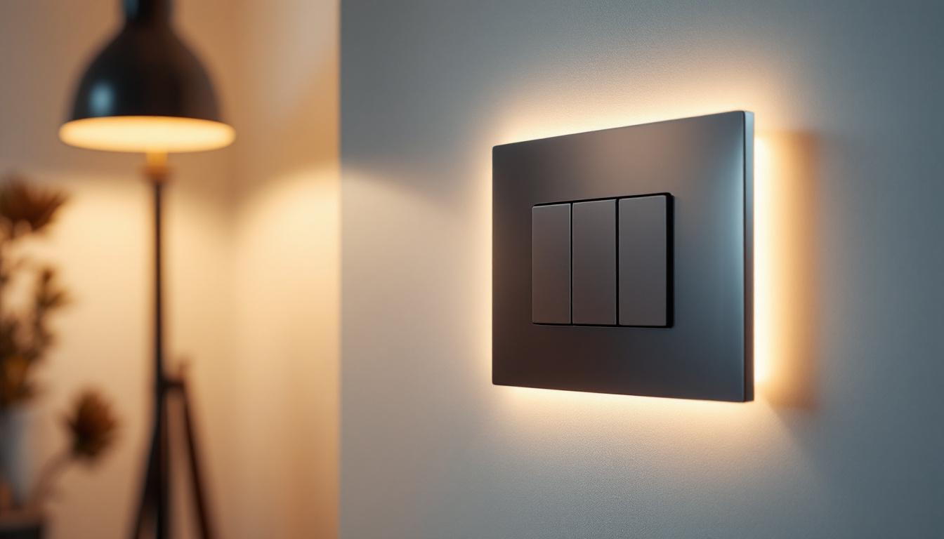 A photograph of a stylish triple rocker switch installed in a modern lighting setup