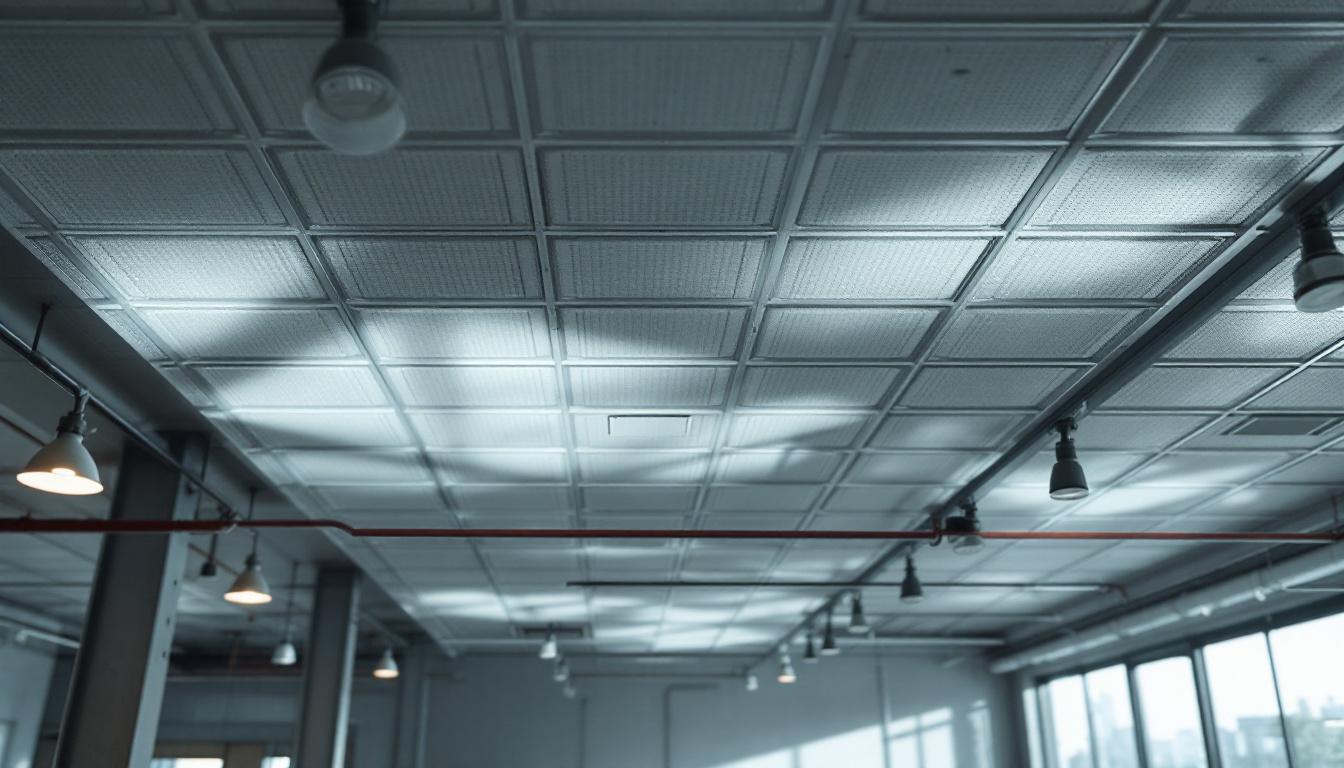 A photograph of a well-lit industrial space featuring drop ceiling tiles