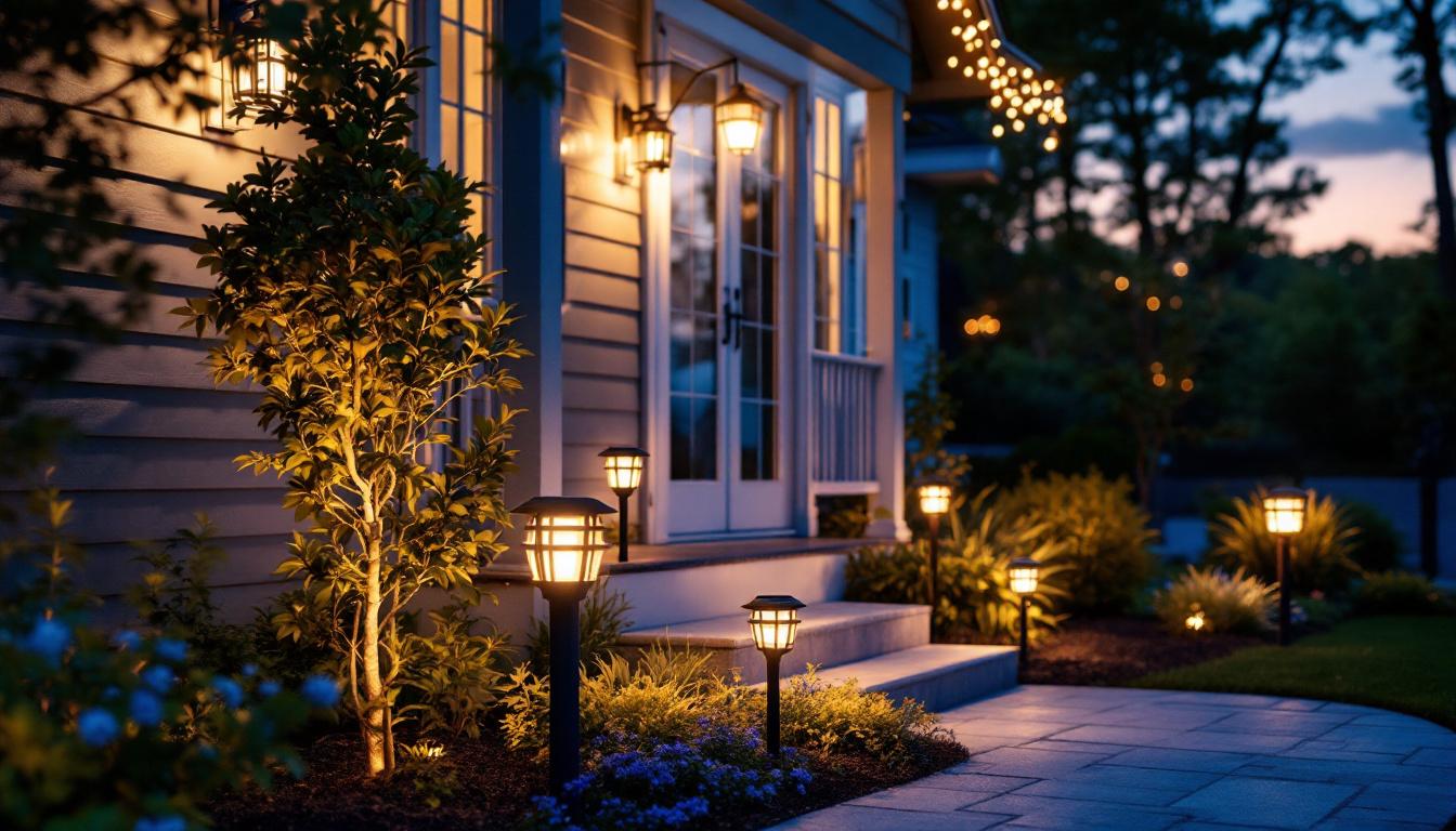 A photograph of a beautifully illuminated porch featuring various styles of solar lights in use during dusk