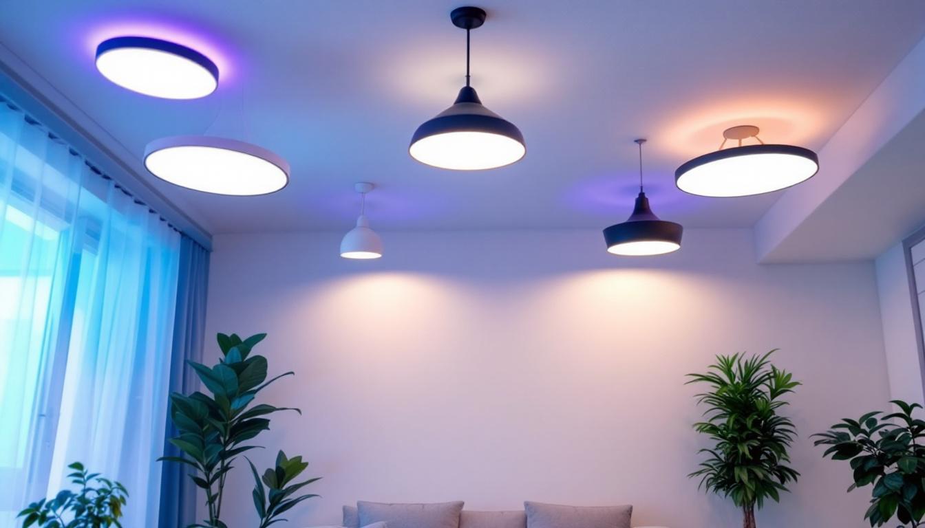 A photograph of a well-lit room showcasing various modern led ceiling lights in different styles and settings