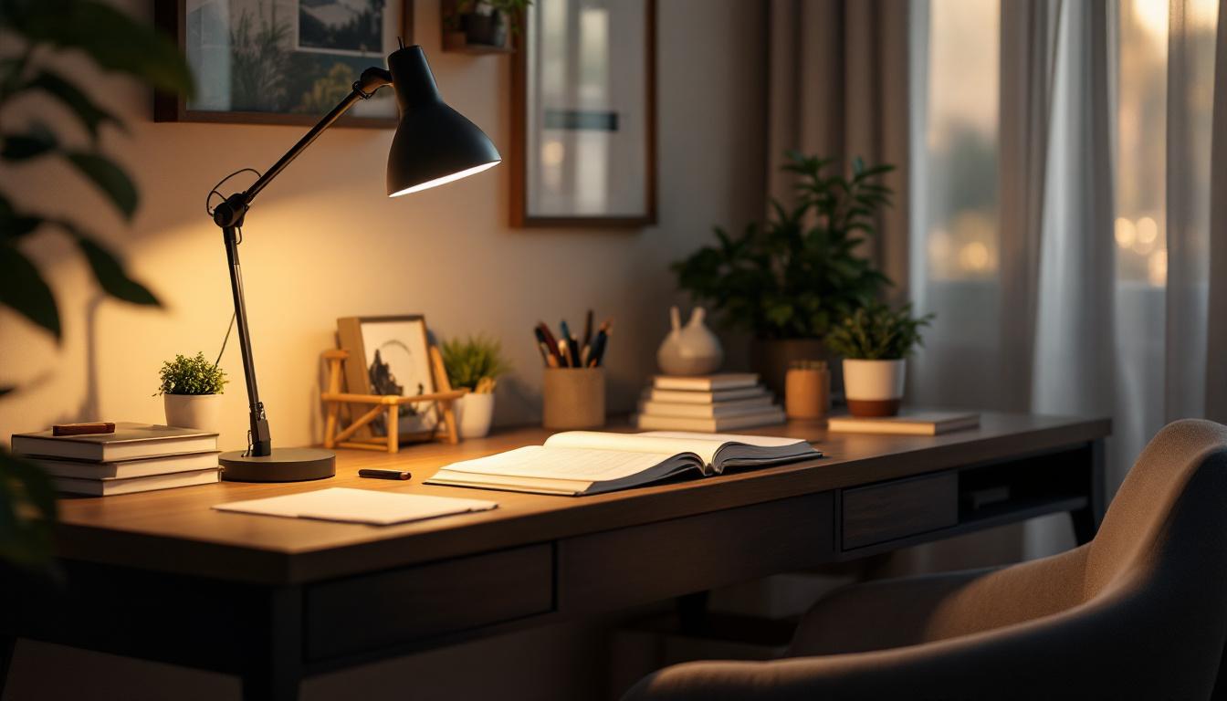 A photograph of a serene study space featuring a well-lit desk with a stylish desk lamp emitting soft