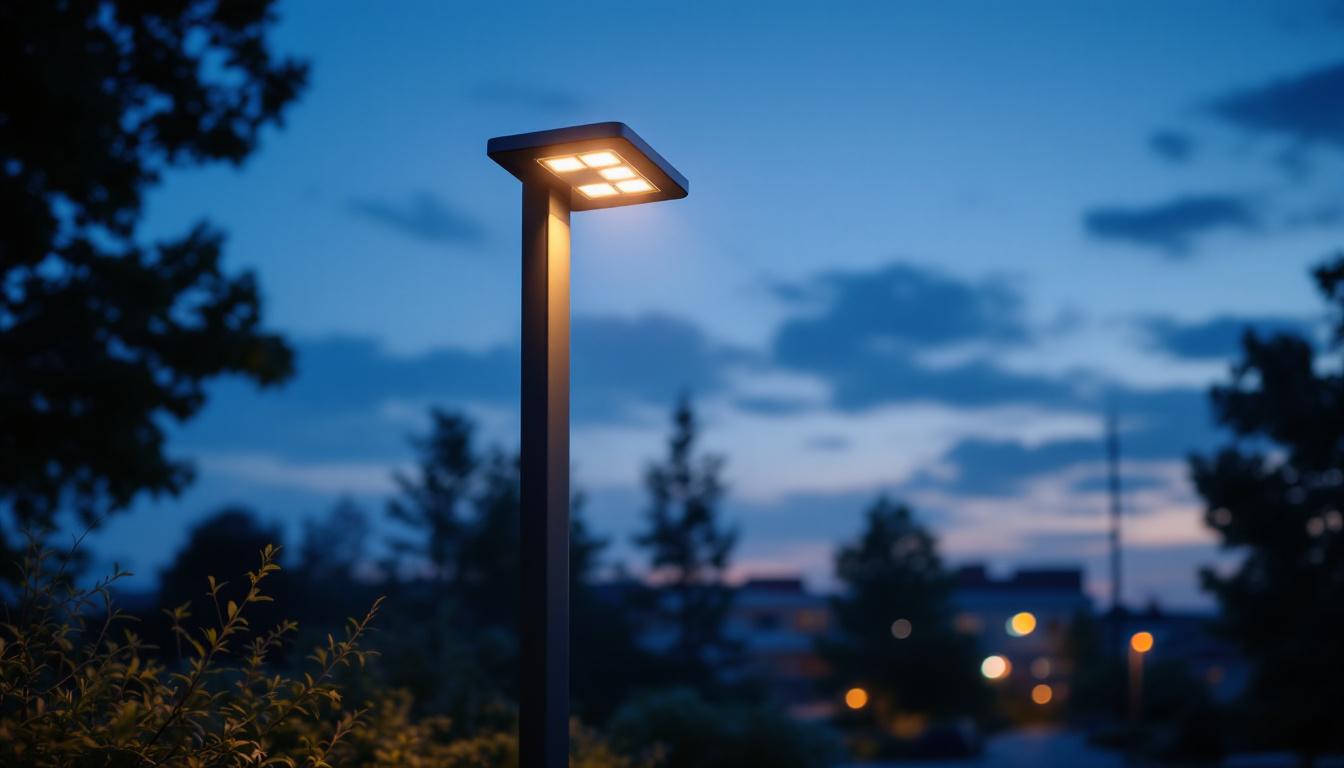 A photograph of a modern light sensor lamp post illuminated at dusk