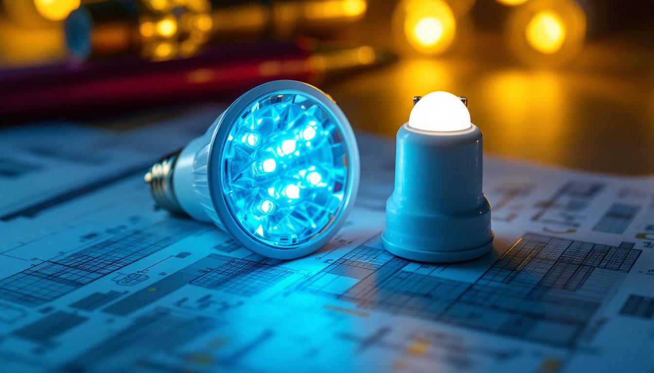 A photograph of a close-up of a gu24 base led bulb illuminated in a modern lighting fixture
