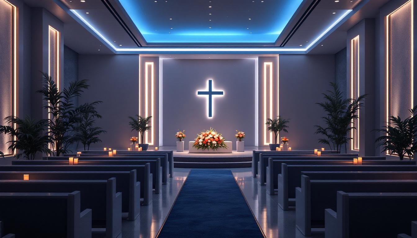 A photograph of a serene and elegantly designed funeral setting illuminated by soft