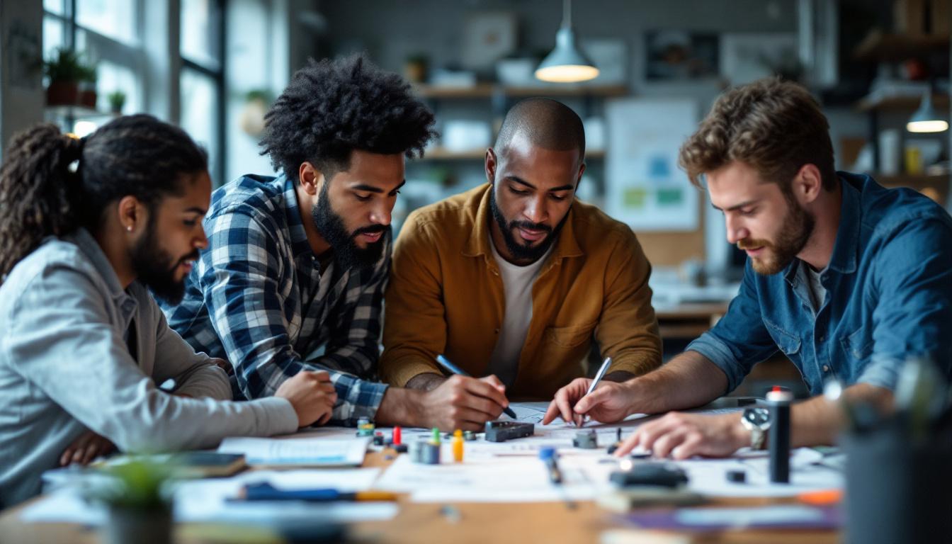 A photograph of capture a photograph of a diverse group of electrical engineers collaborating around a table