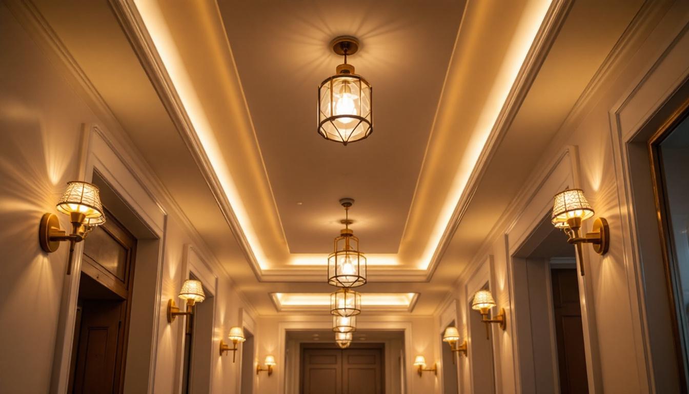 A photograph of a beautifully illuminated hallway ceiling featuring stylish light fixtures that highlight the architectural details and ambiance of the space