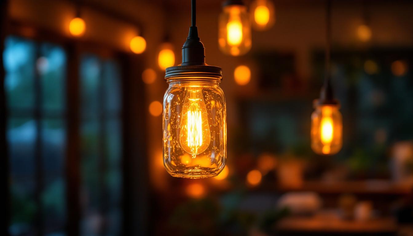 A photograph of a beautifully lit interior space featuring a jelly jar light fixture