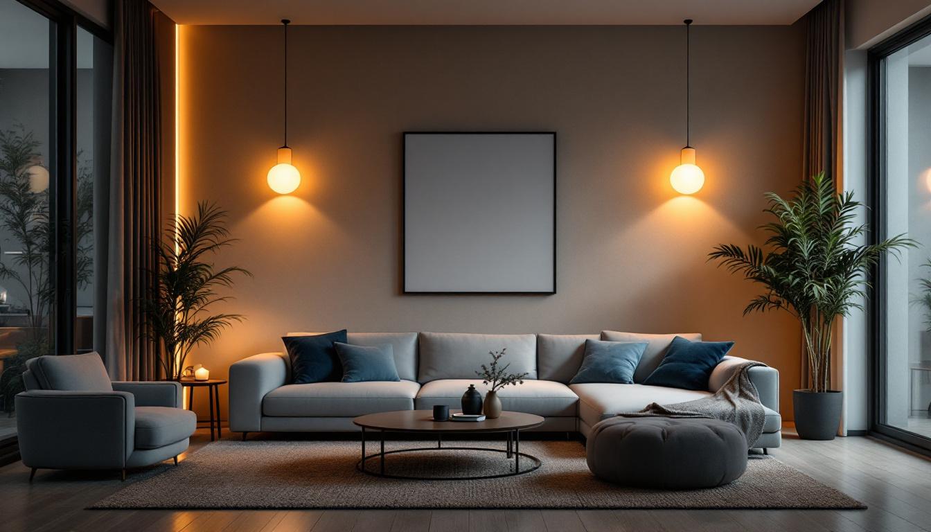 A photograph of a modern home interior featuring an automatic lighting system in action