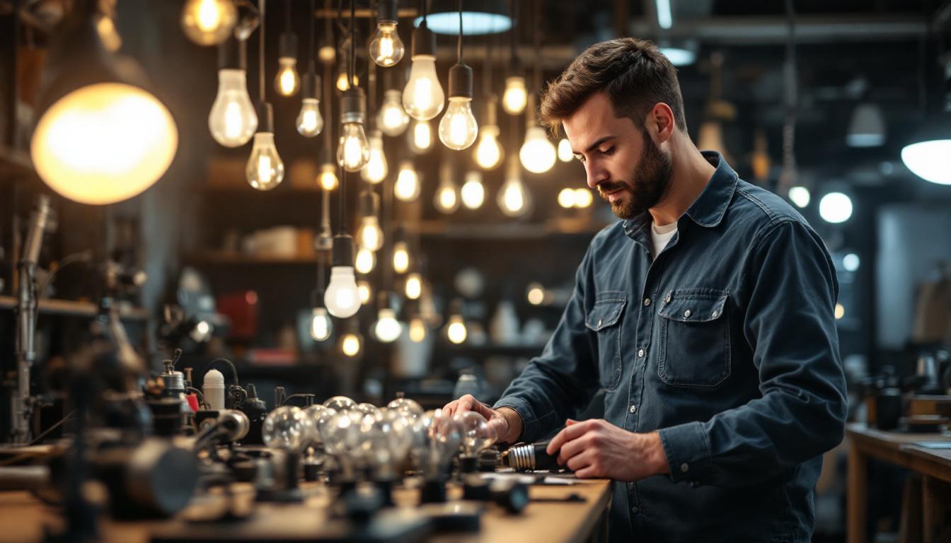 A photograph of a lighting engineer at work