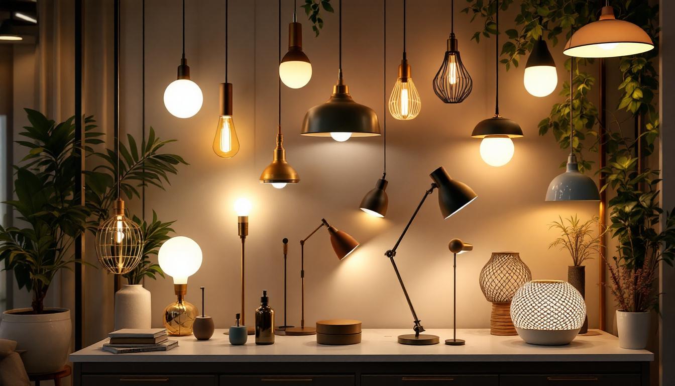 A photograph of a beautifully arranged online store display featuring a variety of stylish lighting fixtures