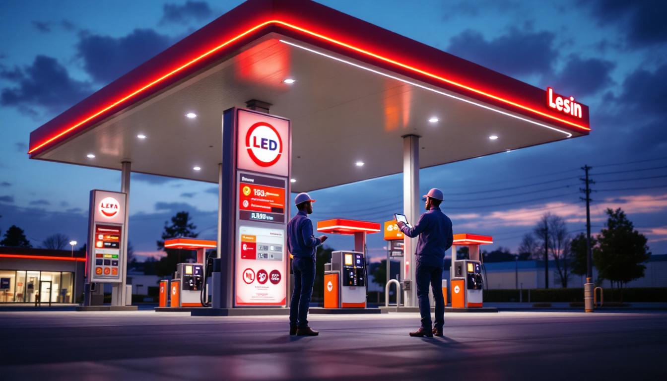A photograph of a modern gas station illuminated by vibrant led lighting at dusk