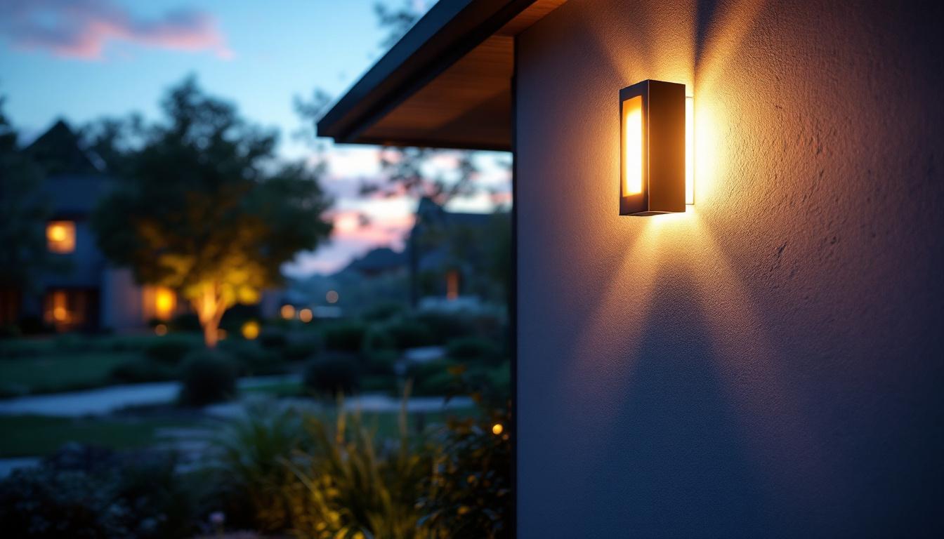 A photograph of a beautifully designed outdoor entry light fixture illuminating a welcoming entrance
