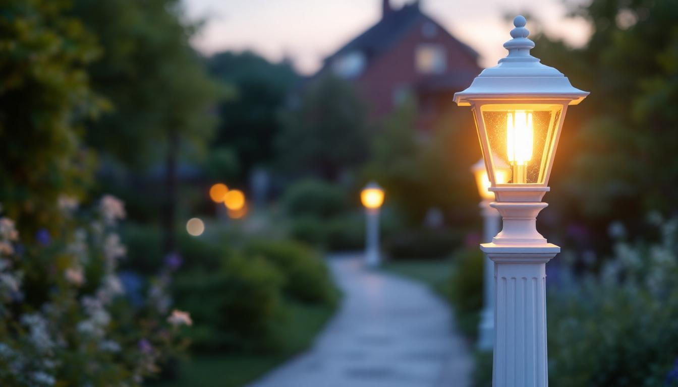 A photograph of a beautifully designed white outdoor light post illuminating a serene garden or pathway at dusk