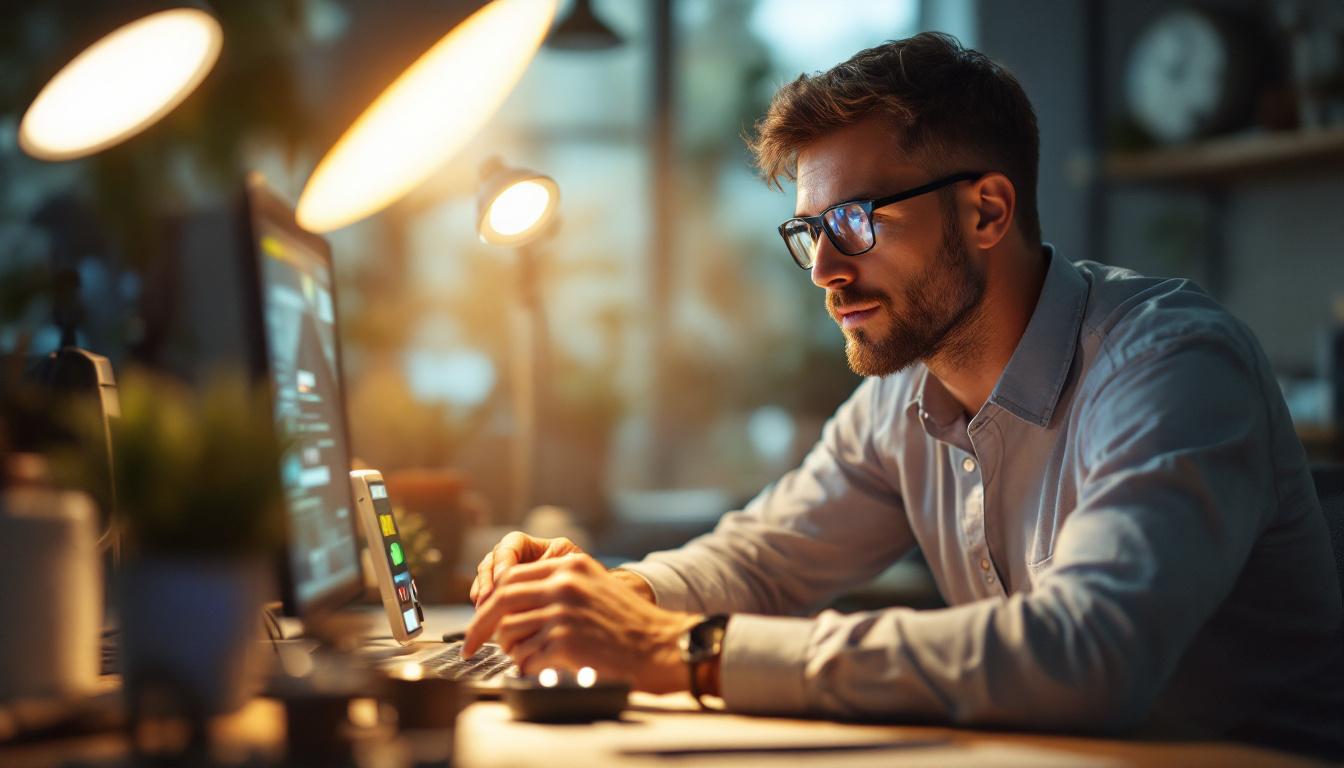 A photograph of a lighting engineer in a well-lit workspace