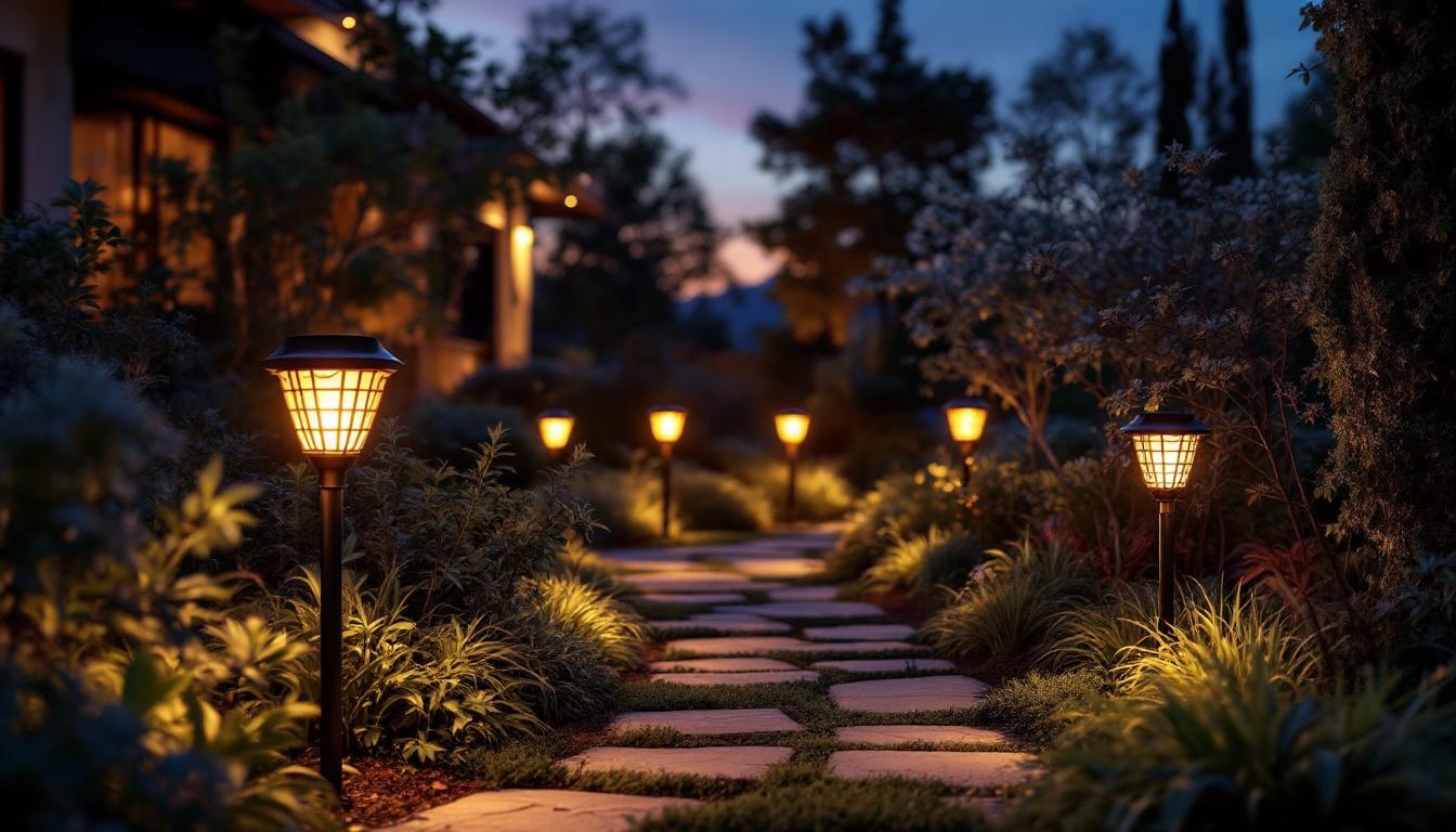 A photograph of a beautifully illuminated outdoor landscape featuring large solar landscape lights strategically placed among plants and pathways