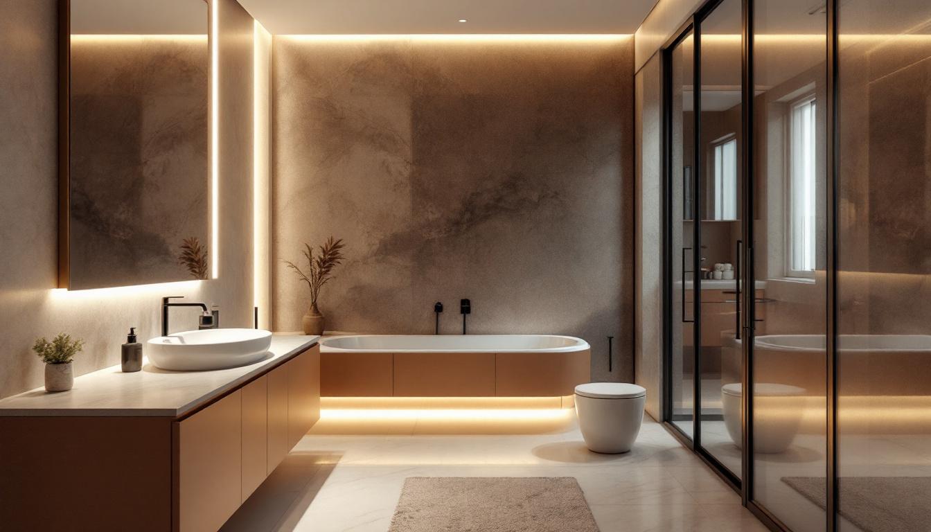 A photograph of a beautifully designed bathroom featuring sleek recessed lighting that highlights the space while minimizing glare