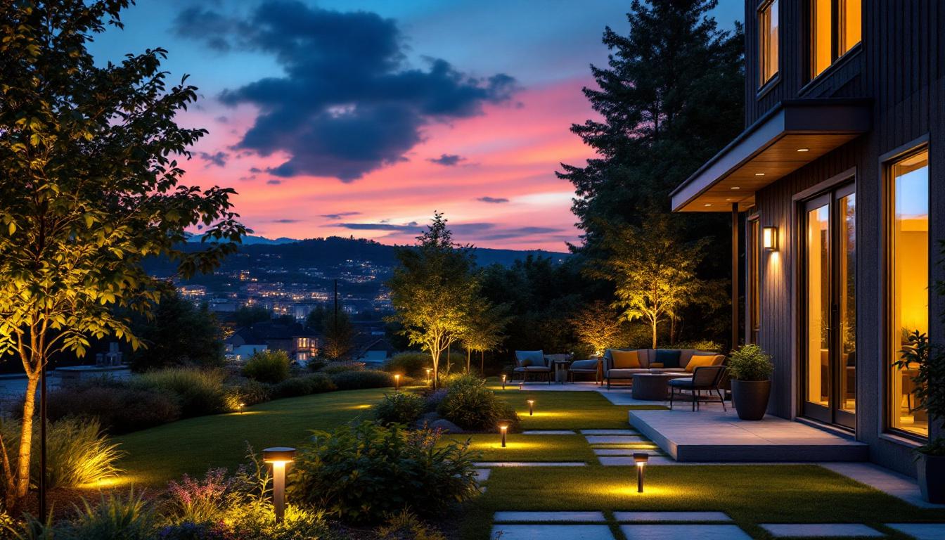 A photograph of a beautifully illuminated outdoor space featuring various solar lighting fixtures in use at dusk