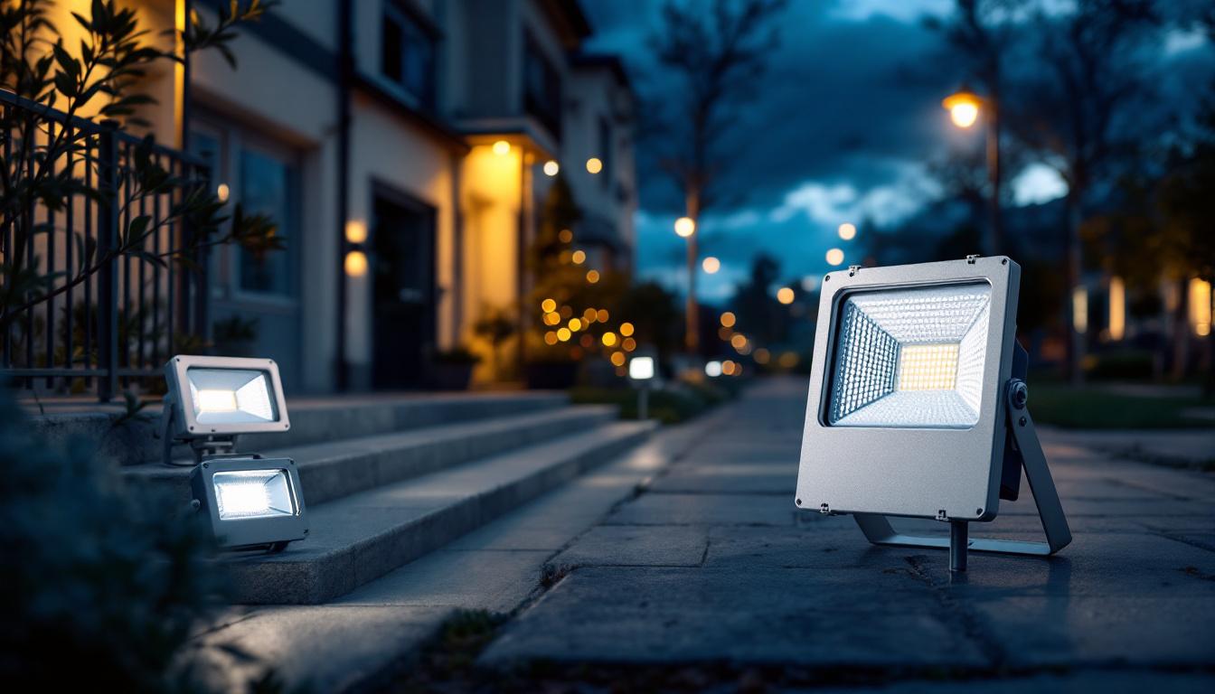 A photograph of a variety of flood lights in different settings