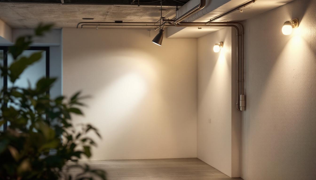 A photograph of a well-lit basement space showcasing strategically placed lighting fixtures