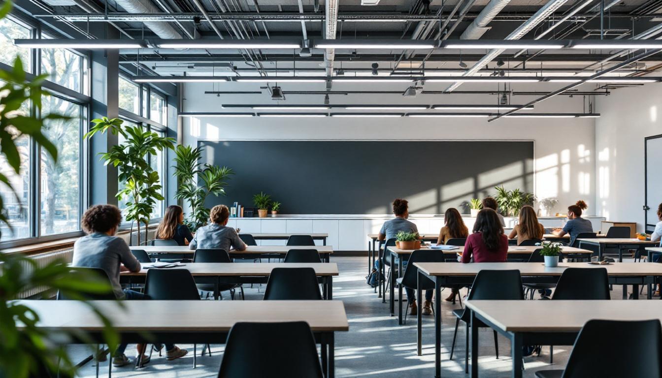 A photograph of a modern classroom with a focus on innovative lighting solutions