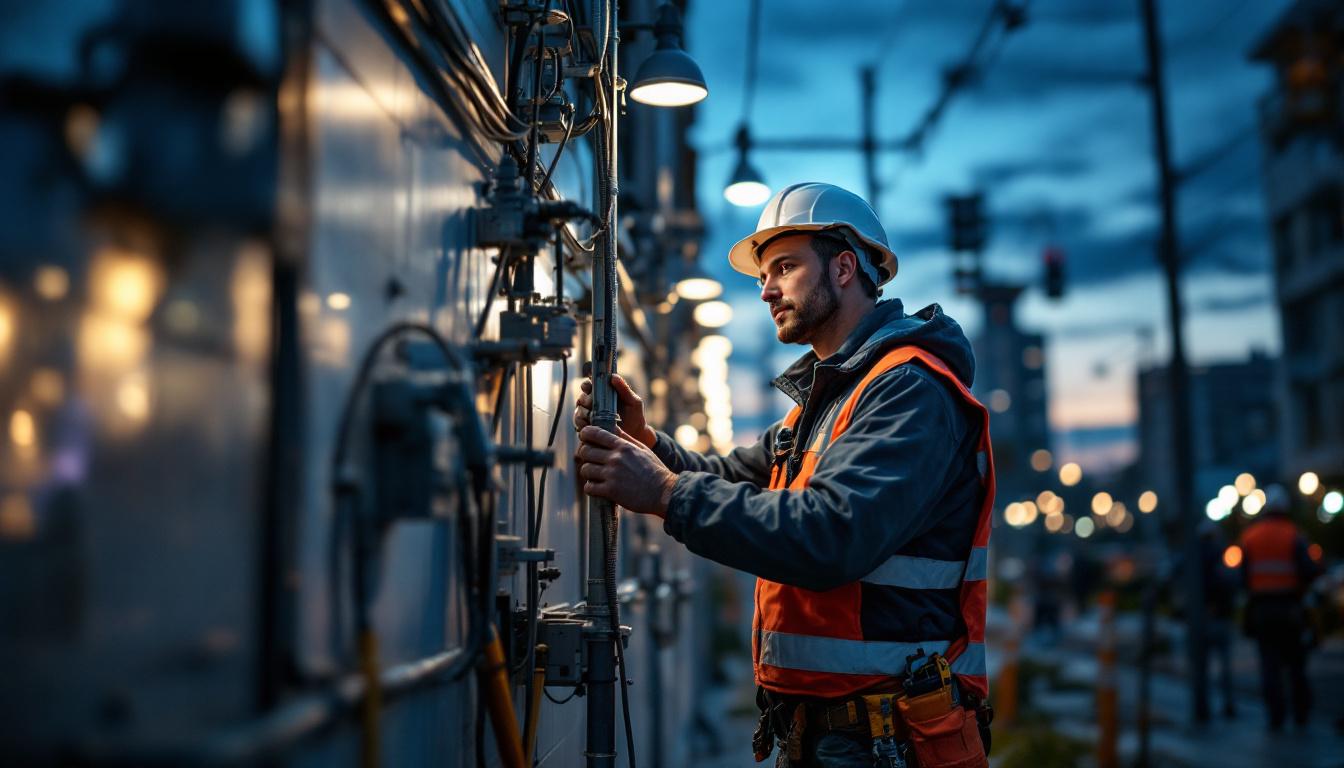 A photograph of an electrical engineer overseeing the installation of commercial outdoor lighting