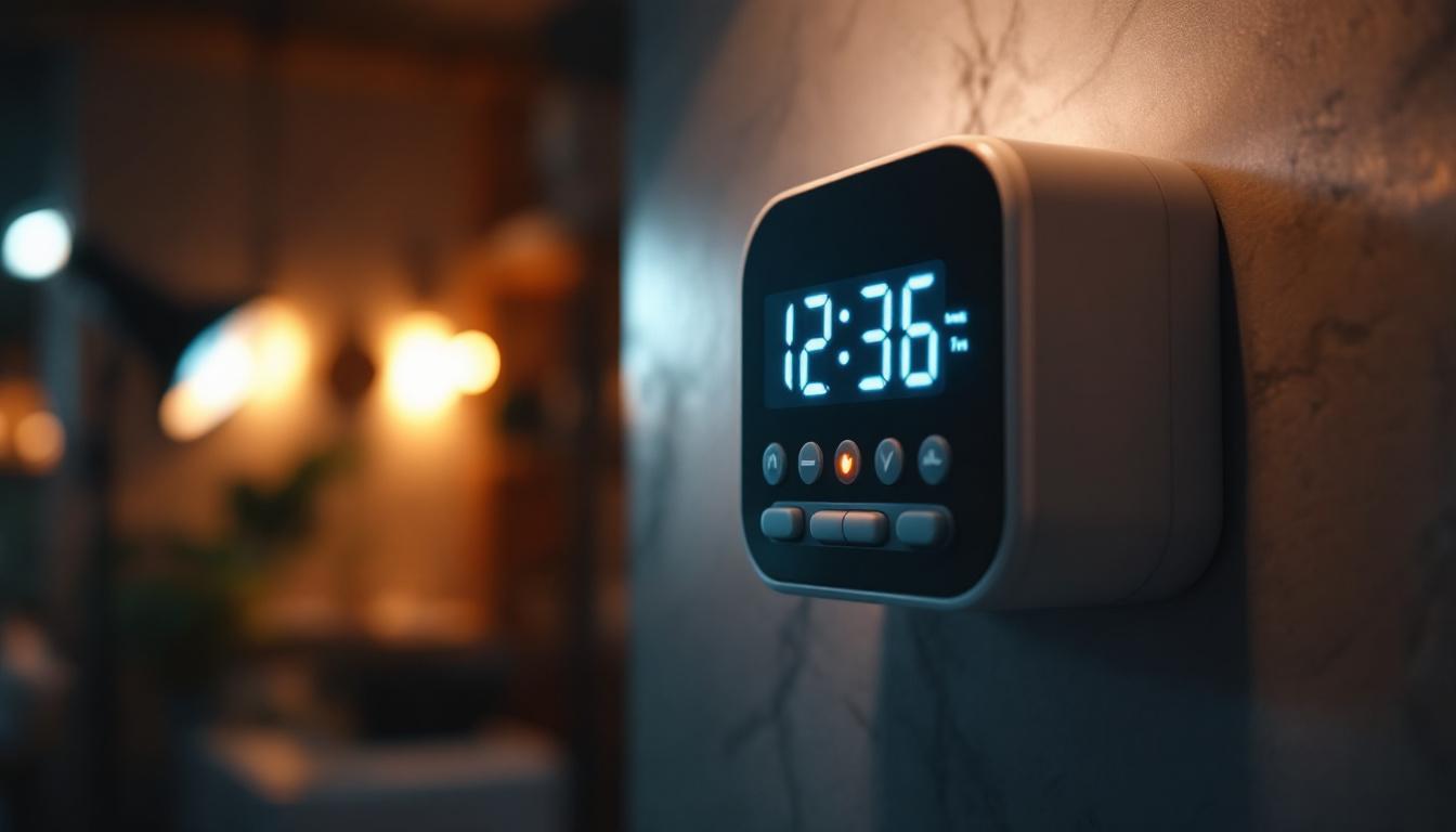 A photograph of a commercial timer installed in a modern lighting setup