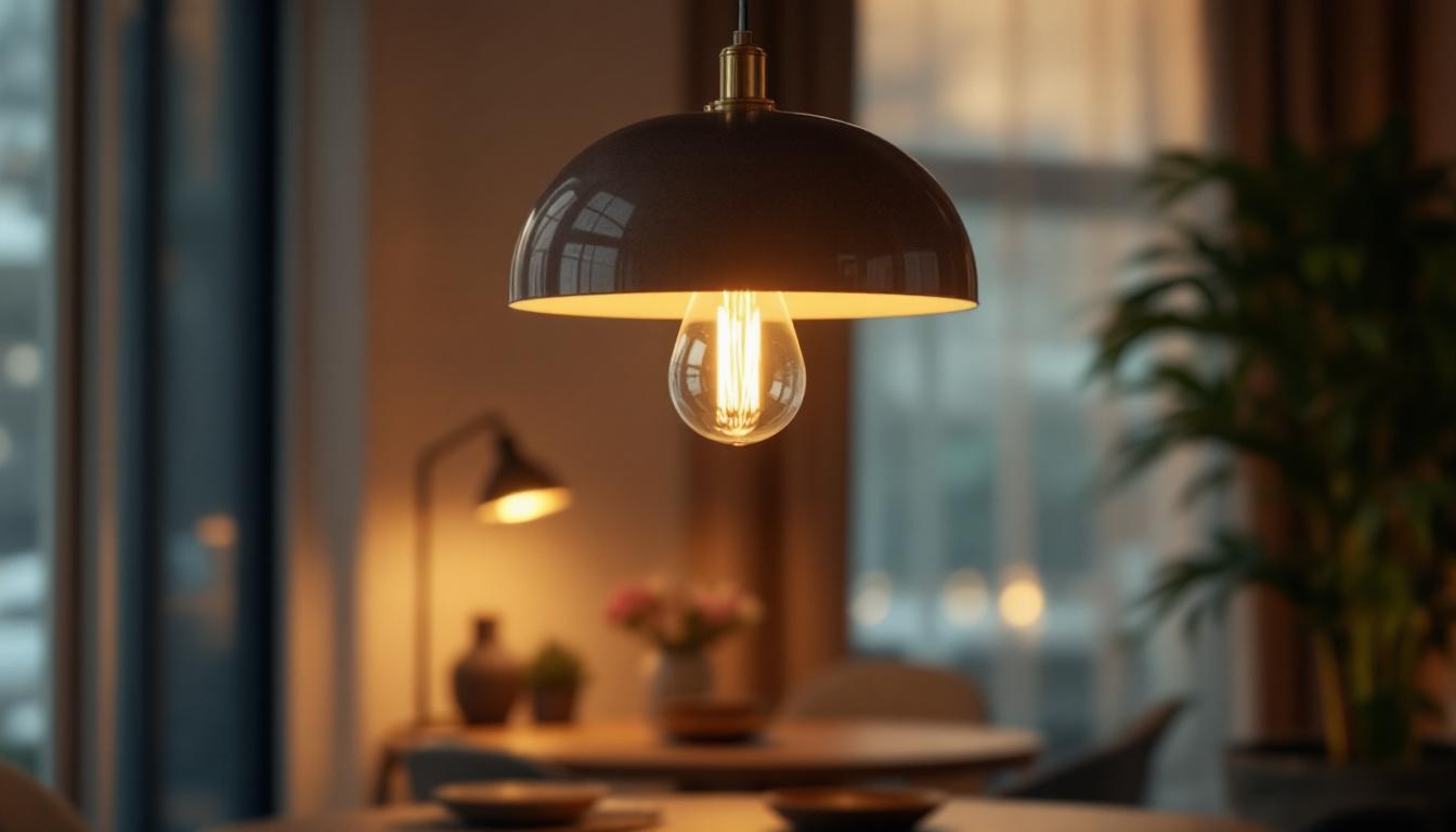 A photograph of a stylish pendant light illuminating a cozy interior space