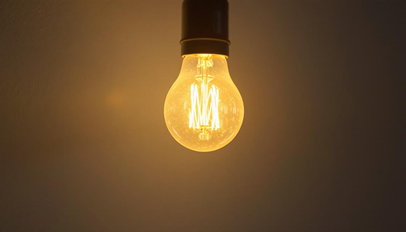 A photograph of a standard size light bulb illuminated in a residential or commercial lighting fixture