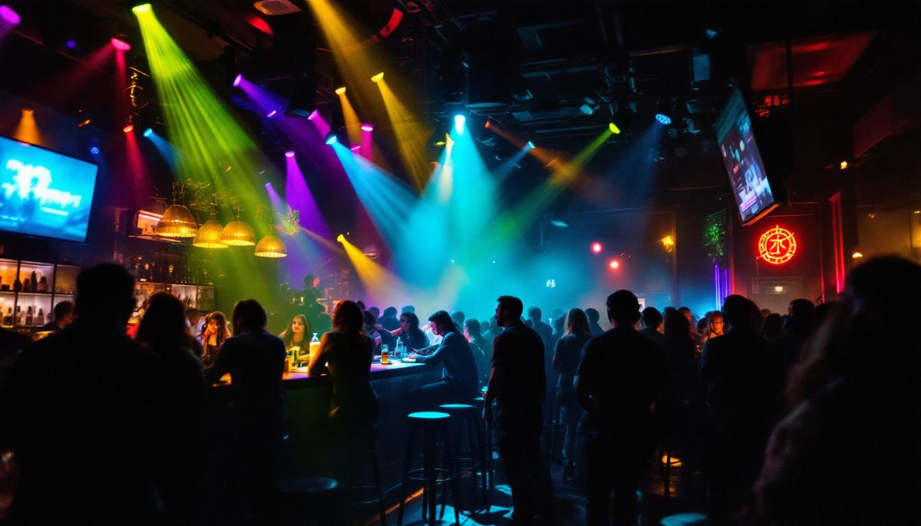 A photograph of a vibrant bar scene illuminated by dynamic lighting