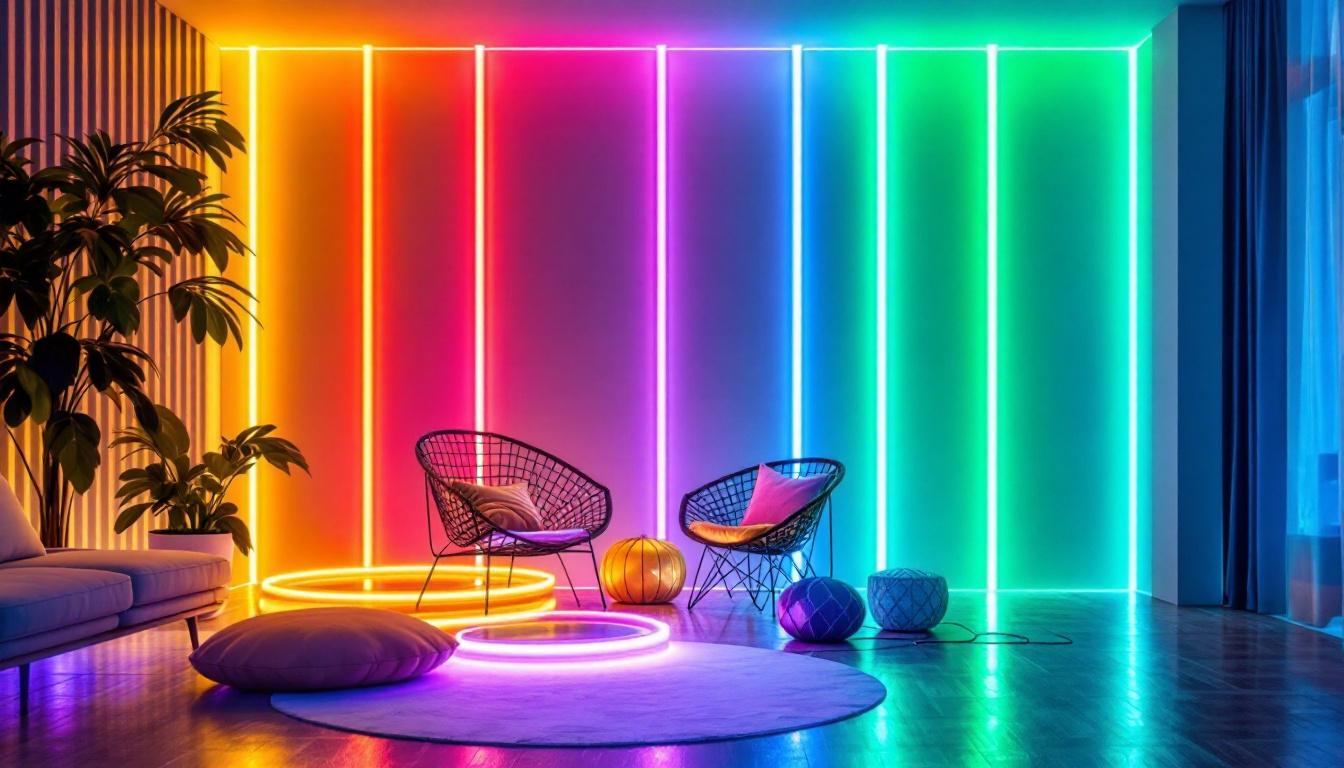 A photograph of a beautifully arranged display of vibrant led tape lights illuminating a stylish interior space
