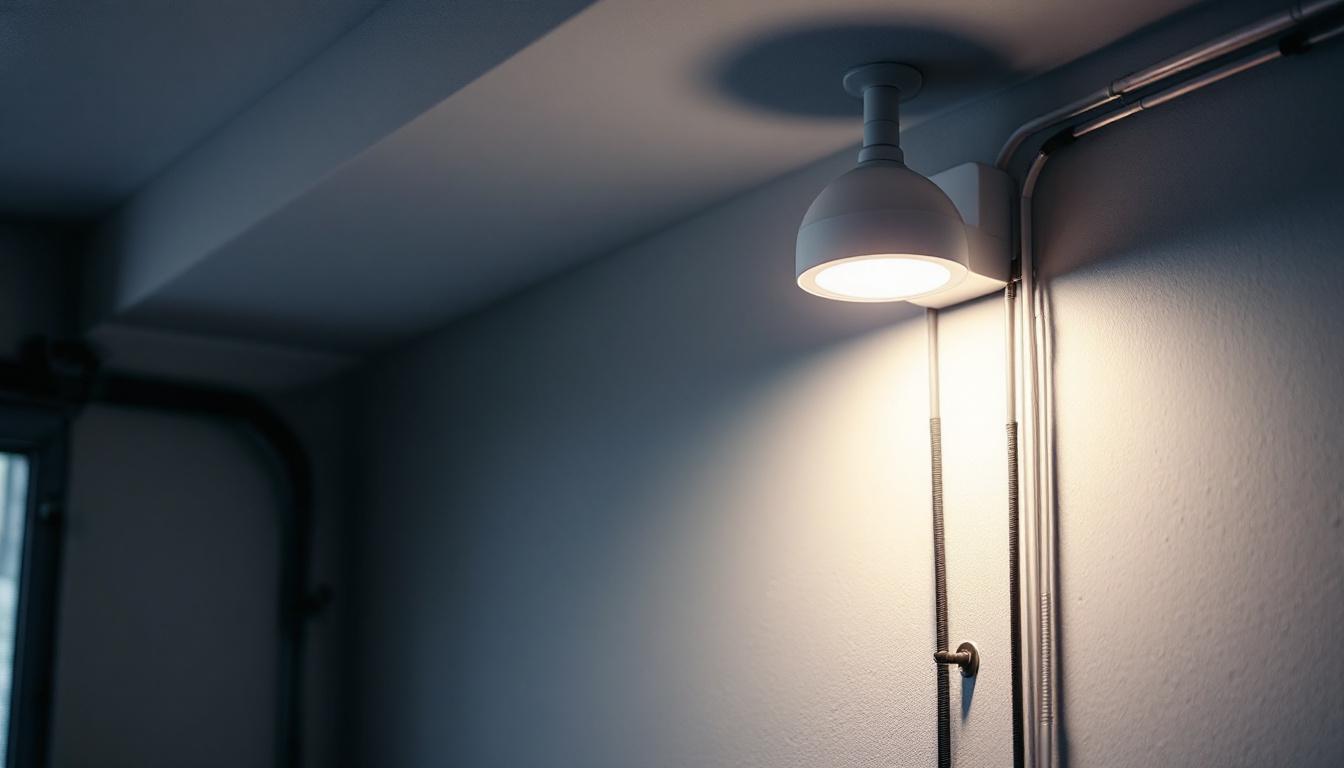 A photograph of a well-lit garage interior featuring a modern light sensor installation