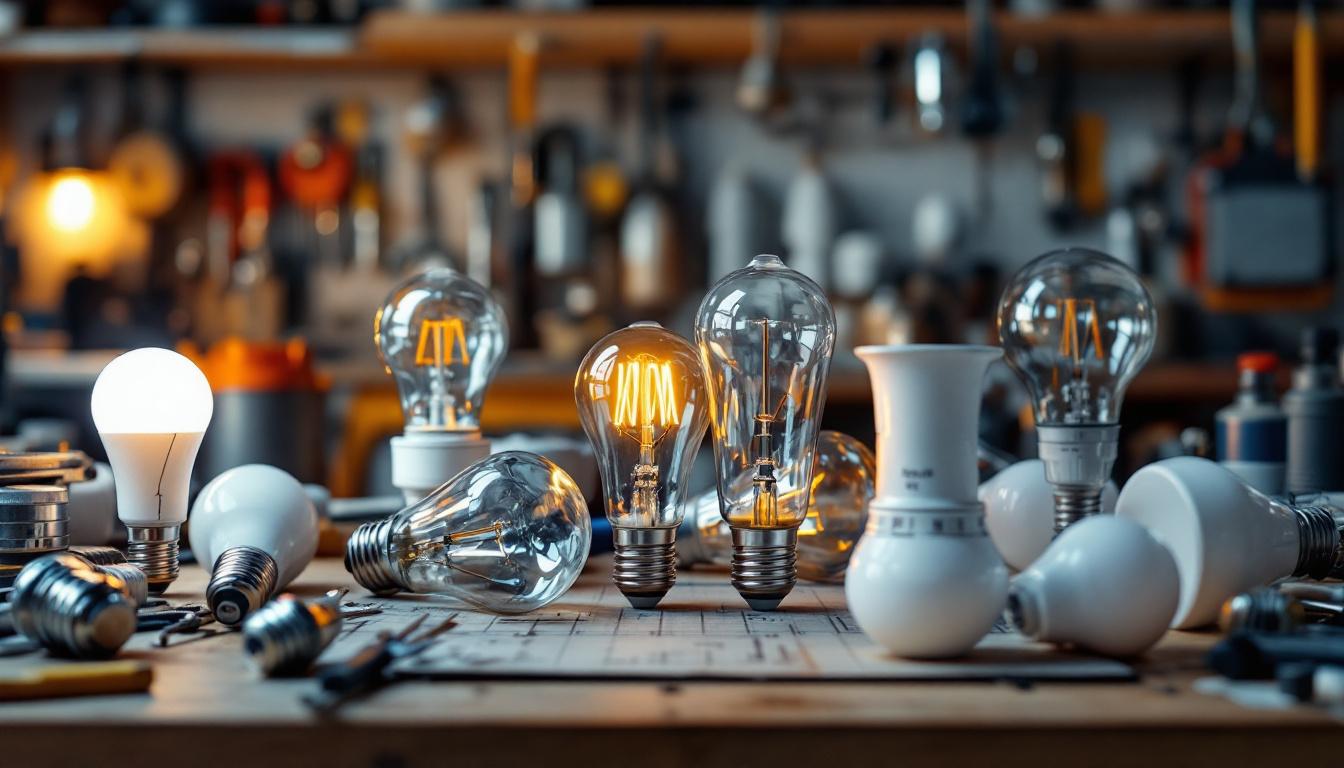 A photograph of a diverse array of lighting bulbs