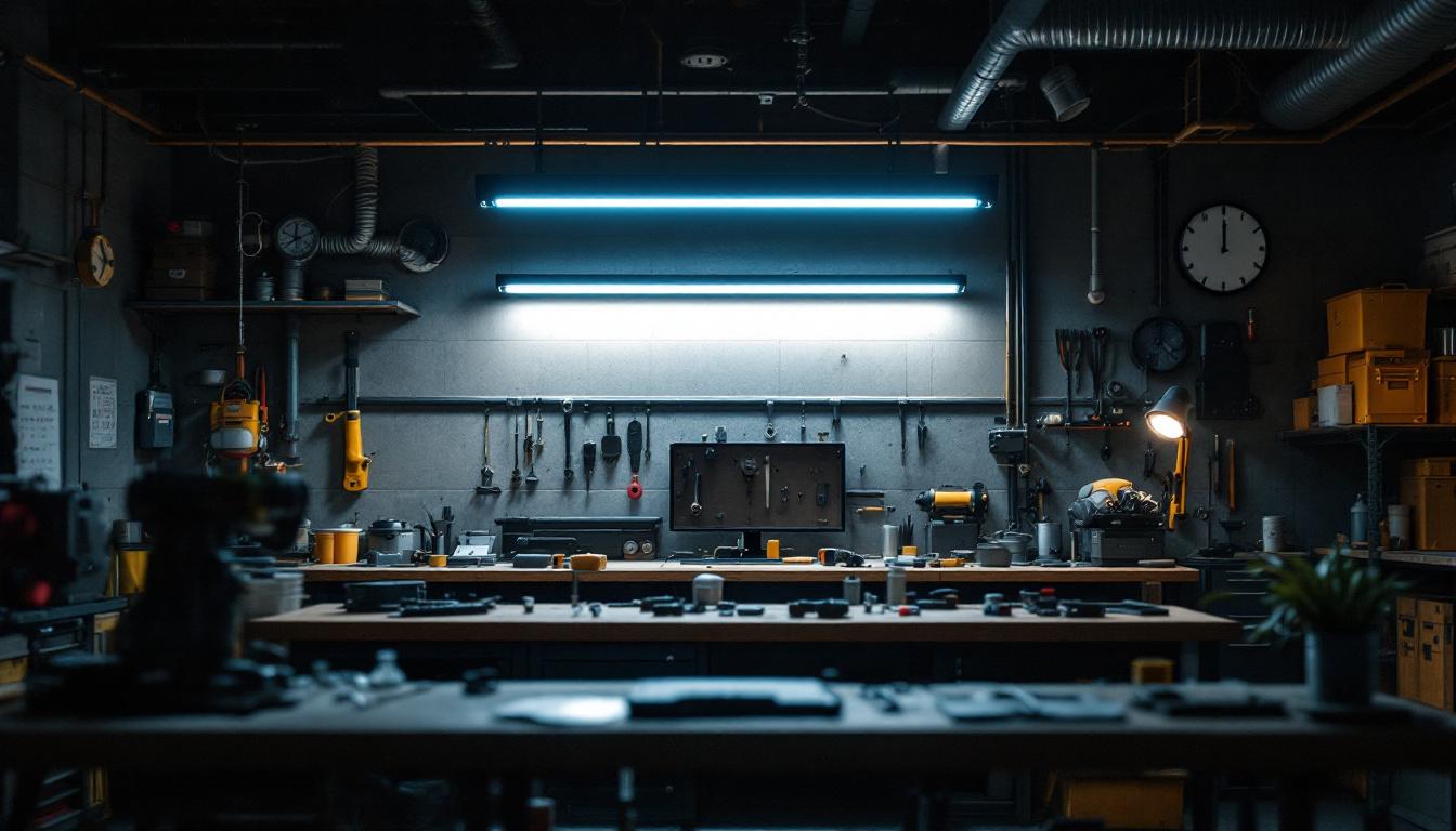 A photograph of a well-lit workshop setting showcasing a led light bar in use