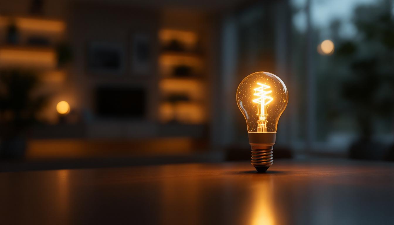 A photograph of a close-up shot of an led light bulb illuminating a modern living space