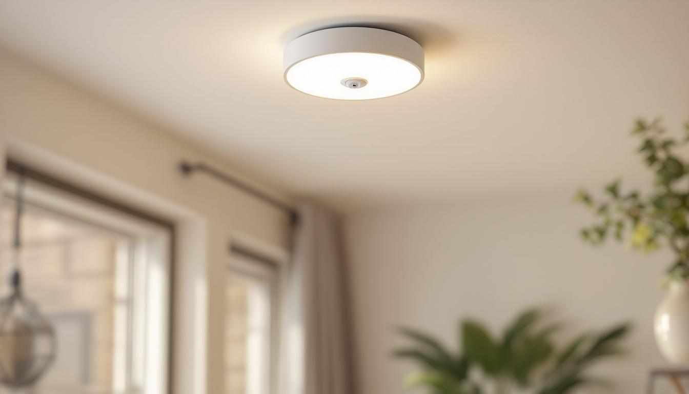 A photograph of capture a photograph of a stylish ceiling mount light fixture equipped with a motion sensor