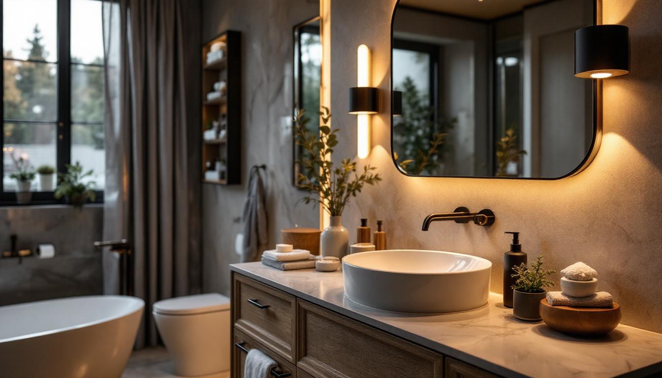 A photograph of a beautifully designed bathroom featuring stylish side lights on the vanity