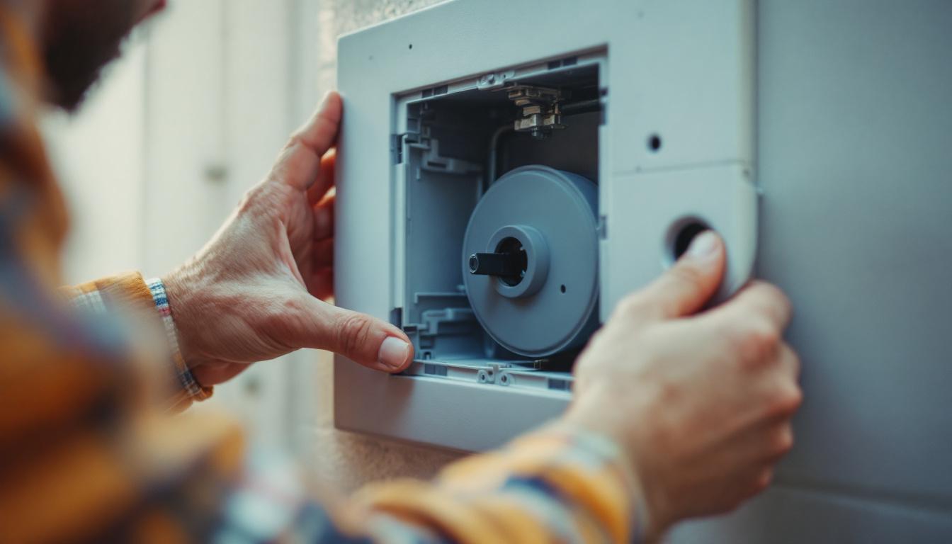 A photograph of an electrical engineer inspecting a neatly installed electrical box with a focus on a hole cover