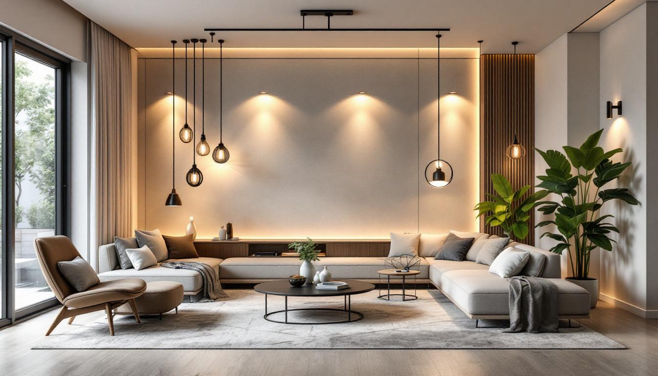 A photograph of a modern residential lighting installation that showcases a variety of lighting fixtures in a beautifully designed living space