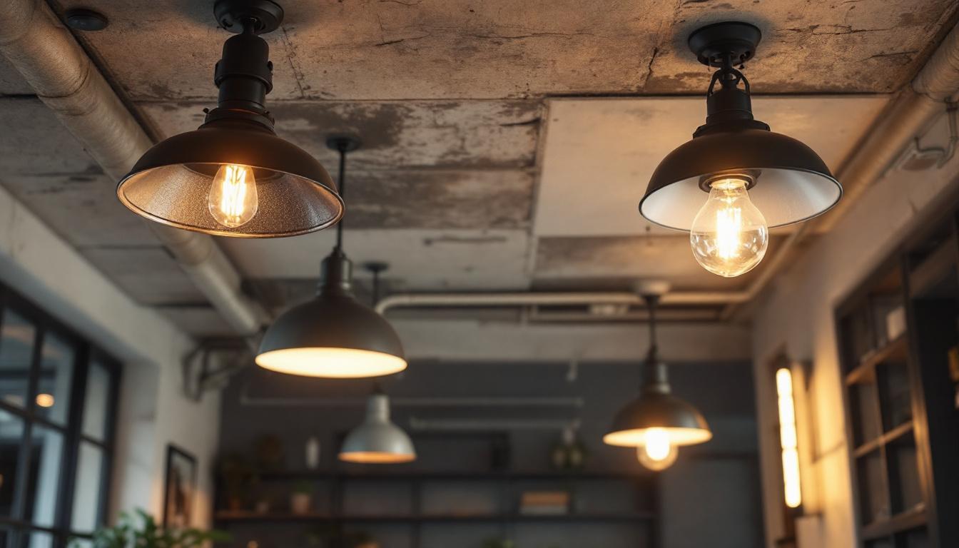 A photograph of a well-designed interior space showcasing a striking contrast between industrial and commercial ceiling lighting fixtures