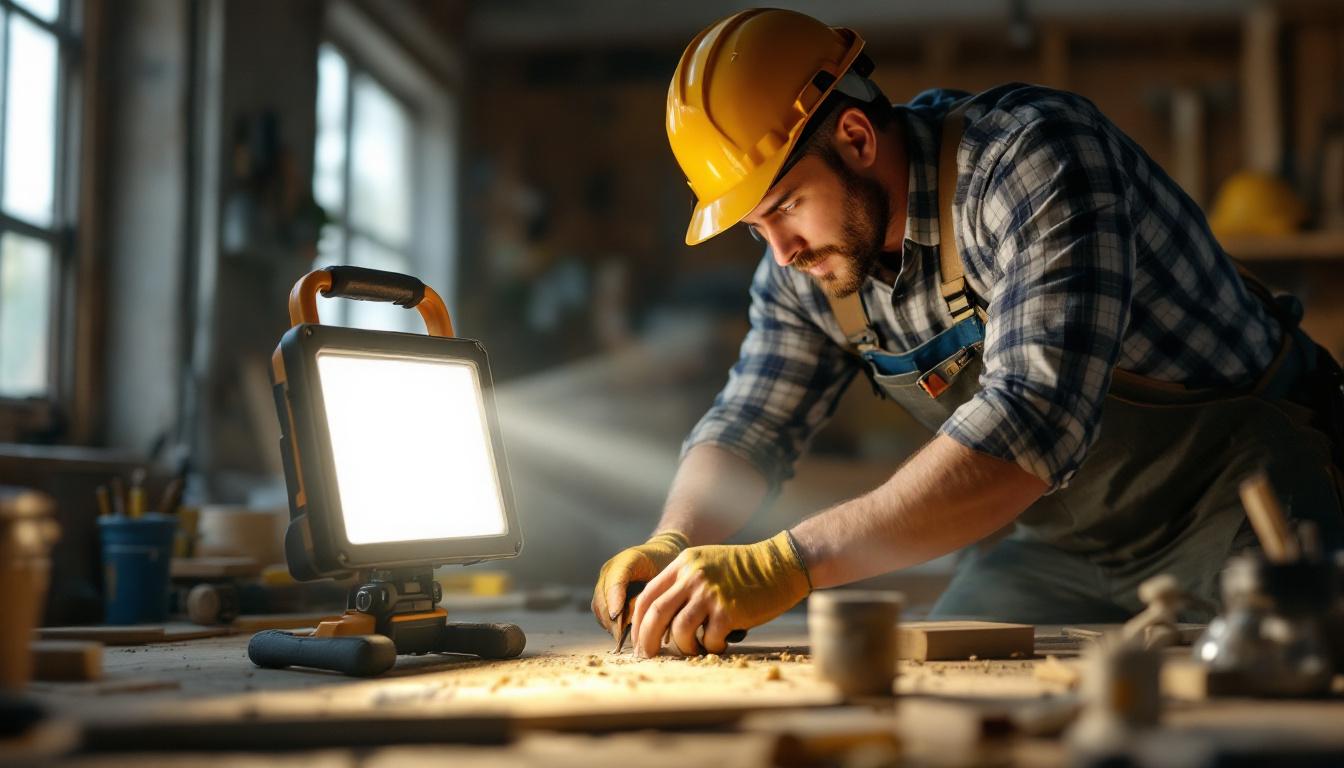 A photograph of a portable job light in use at a construction site or workshop