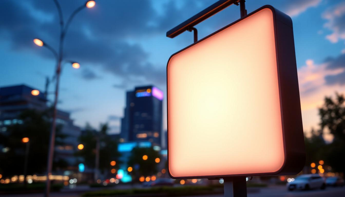 A photograph of a vibrant outdoor light-up sign in use at dusk