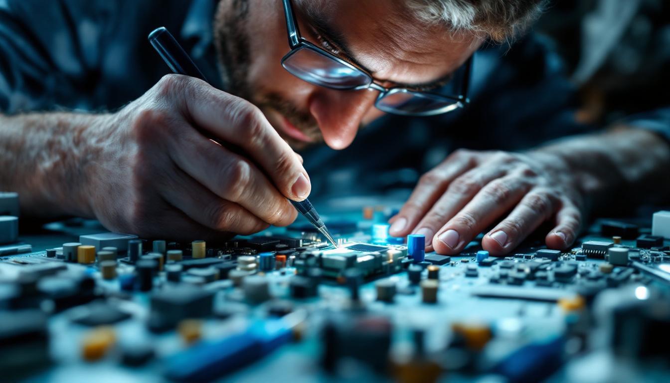 A photograph of a skilled electrical engineer working intently on a circuit board