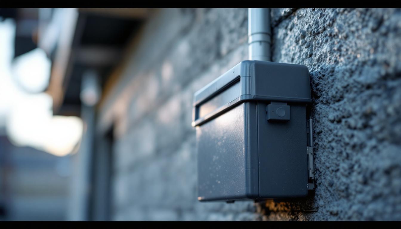 A photograph of a close-up shot of an exterior box cover installed on a building