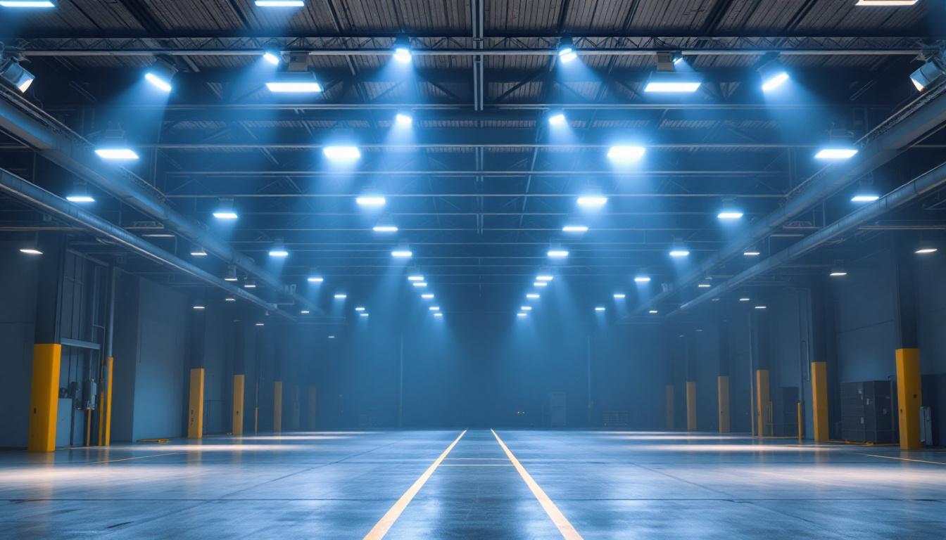 A photograph of a well-lit industrial or commercial space showcasing led high bay fixtures in action
