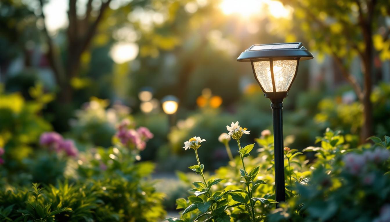 A photograph of a solar light installation in a garden setting