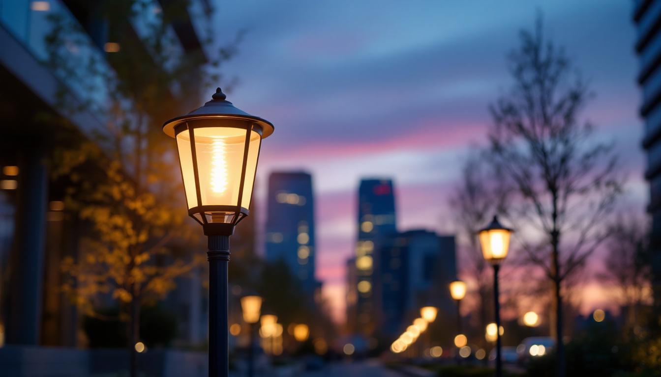 A photograph of a beautifully illuminated outdoor lamp post in a modern urban setting