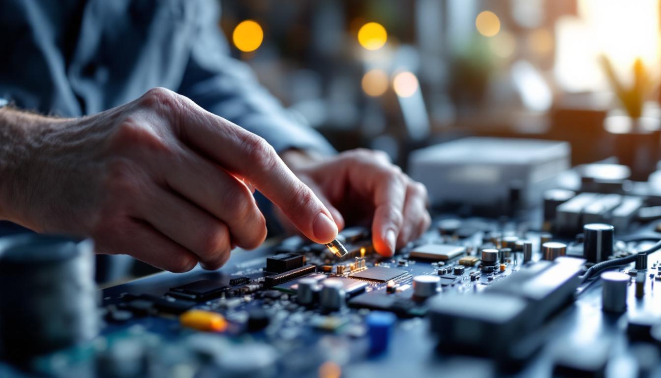 A photograph of a skilled electrical engineer examining or replacing a light sensor in a modern circuit board