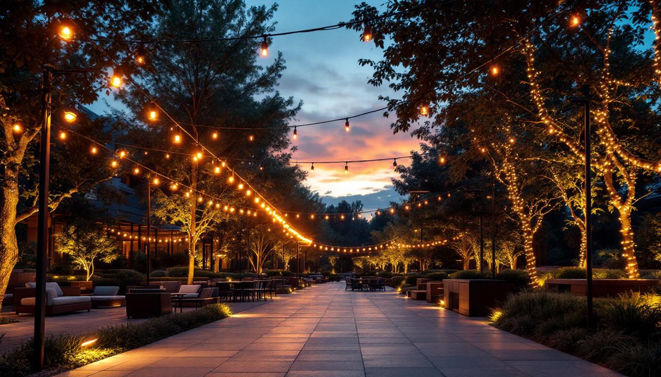 A photograph of a beautifully lit outdoor space at dusk
