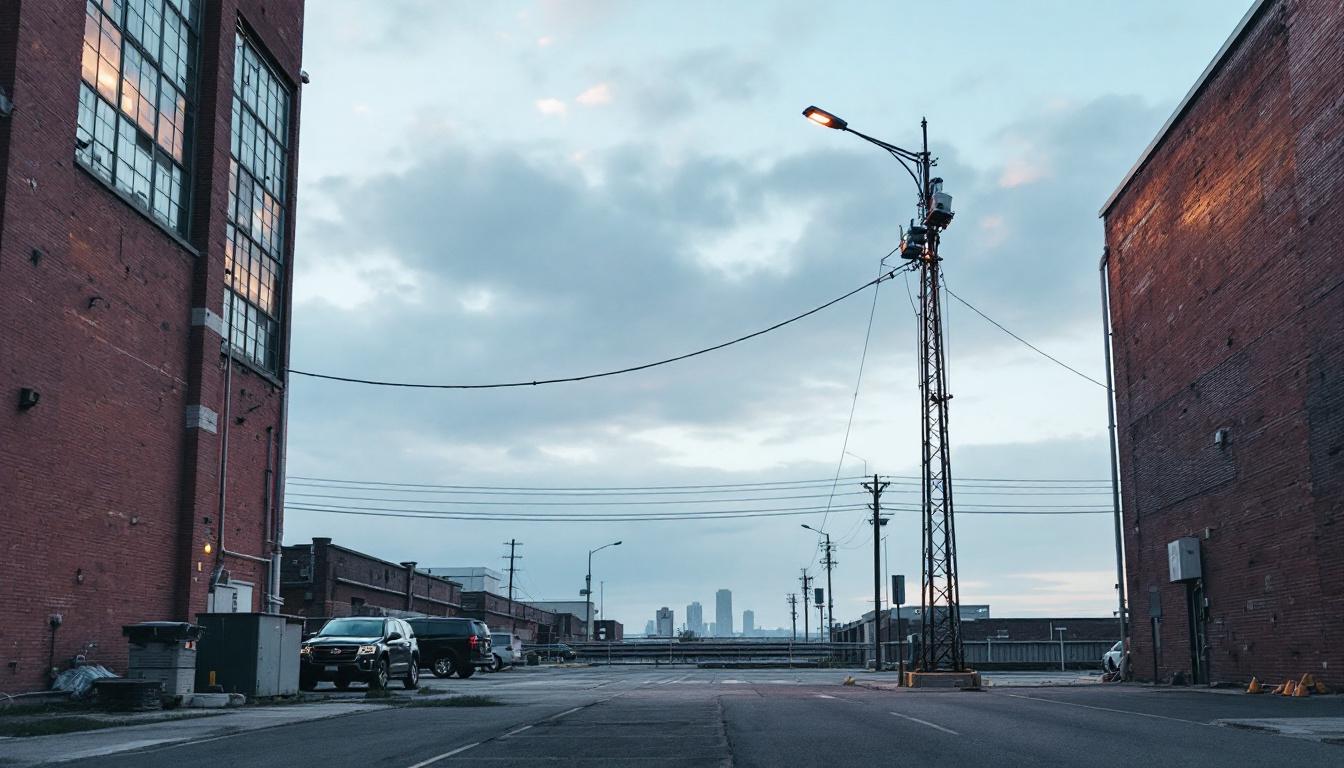 A photograph of a 15 ft light pole in an urban or industrial setting